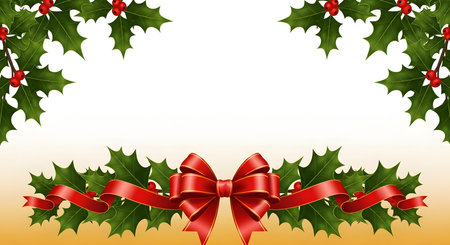 Holly berry christmas background with red bow. Vector illustration.の素材