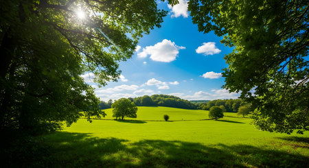 Green meadow with trees and blue sky with clouds in sunny dayの素材
