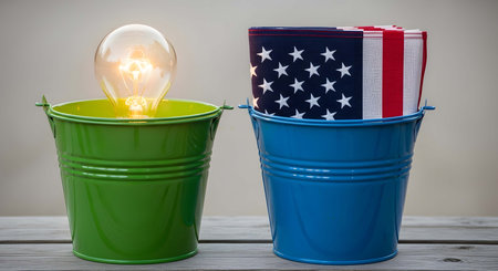 Glowing light bulb with USA flag in green and blue bucket.の素材