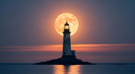 Lighthouse on the sea at sunset with full moon in the skyの素材
