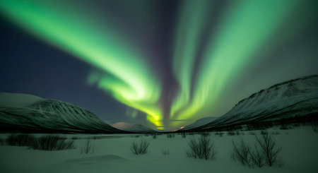 Northern lights, Aurora borealis, over snowy landscape in Iceland.の素材
