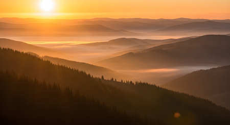 Foggy sunrise in the Carpathian mountains, Ukraine.の素材