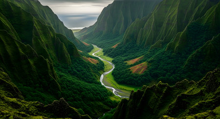 Beautiful landscape of green mountains and river in the middle of the valleyの素材