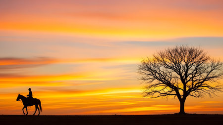 Silhouette of a man riding a horse with a tree at sunsetの素材