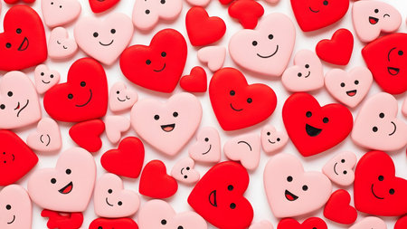 3d illustration of red and pink hearts with smiley faces on white backgroundの素材
