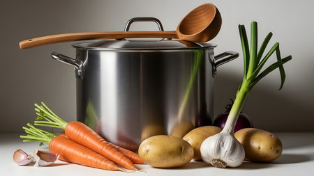 Pot, carrots, onions and garlic on a white table against a gray backgroundの素材
