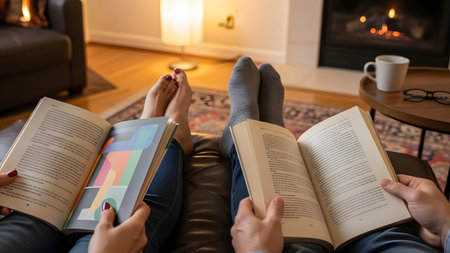 A couple's feet and hands are visible as they relax on a sofa, each engrossed in reading a book. A warm fireplace glows in the background, with a mug of coffee and glasses on a nearby table, creating a cozy and intimate domestic scene.の素材