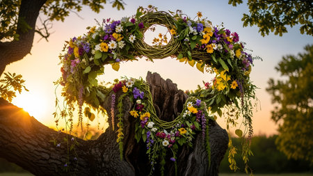 A large, circular wreath made of intertwined branches and adorned with a variety of colorful flowers and greenery is placed on a weathered tree stump. The scene is set outdoors during sunset, with warm golden light illuminating the wreath and casting long shadows. Trees and foliage are visible in the background.の素材