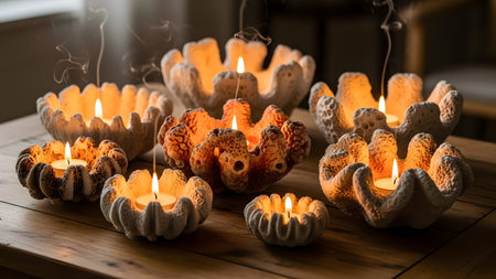 Several unique candle holders, designed to resemble coral formations, are arranged on a wooden surface. Each holder contains a lit candle, casting a warm, inviting glow and emitting wisps of smoke. The textured, organic shapes of the holders and the soft light create a serene and atmospheric ambiance.の素材