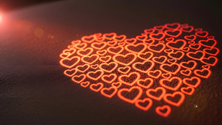 A large heart shape is formed by an arrangement of many smaller, glowing red heart outlines. The hearts emit a warm light against a dark, textured background. Lens flares and bokeh effects add a magical and romantic atmosphere to the composition.の素材