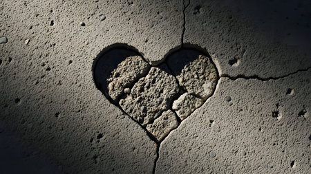 A heart shape is deeply carved into a rough, grey concrete surface. The edges of the carved heart are cracked, revealing broken pieces of aggregate within the concrete. Cracks also radiate outwards from the heart shape across the textured surface.の素材