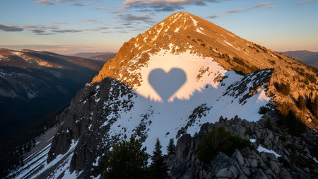 Valentines showing heart shaped shadow on snowy mountain peak at sunset. High resolution image suitable for commercial use. Clear details and vibrant colors enhance visual appeal.の素材