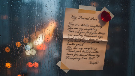 A handwritten love letter is taped to a window pane covered in raindrops. The blurred background shows warm, out-of-focus lights, creating a romantic and atmospheric bokeh effect. A single red rose petal is attached to the top right corner of the letter. The script is elegant and cursive, conveying a sense of deep affection.の素材