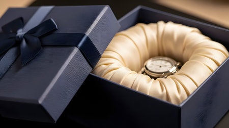 An open, dark navy blue gift box with a satin ribbon and bow reveals a luxury watch nestled within a cream-colored satin lining. The watch has a white face and a metallic band. The focus is on the presentation of the watch as a premium gift.の素材