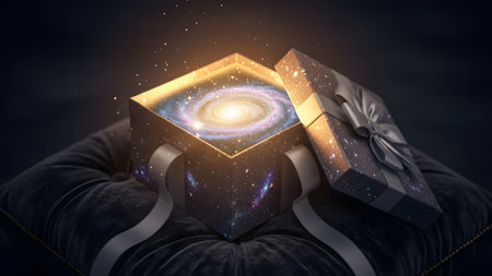 An open gift box sits on a dark, plush surface. Inside the box, a vibrant, swirling galaxy with bright stars and nebulae is visible, emitting a warm, magical glow. The exterior of the box is also decorated with a starry pattern, and it is tied with a white ribbon.の素材