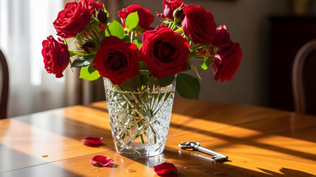 A bouquet of vibrant red roses is arranged in a detailed crystal vase on a polished wooden table. Sunlight streams across the surface, casting long shadows and highlighting water droplets. Several red rose petals have fallen, and a small, antique metal key rests nearby.の素材
