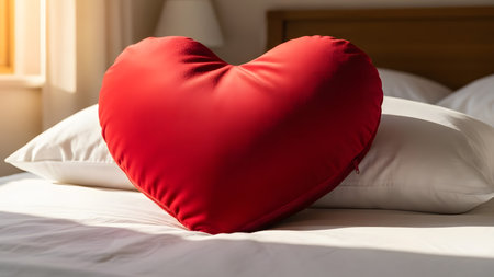 Pillow showing red heart pillow on a bed with sunlight. High resolution image suitable for commercial use. Clear details and vibrant colors enhance visual appeal.の素材