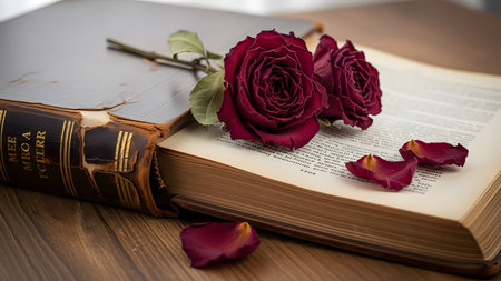 Two dried, deep red roses rest on the open pages of an antique, leather-bound book. The book shows signs of age with a worn spine and yellowed pages filled with text. Scattered petals lie on the pages and the wooden surface below. The lighting creates a somber, nostalgic mood.の素材