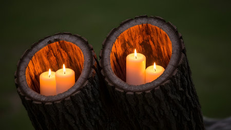 Two sections of a tree trunk, hollowed out to create natural candle holders, are illuminated by the warm glow of lit white candles. The rough texture of the bark and the soft light create a rustic and cozy ambiance in the dimly lit outdoor setting.の素材