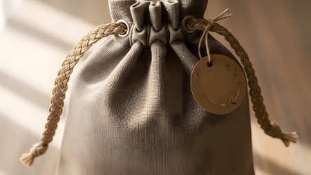 A close-up view of a taupe fabric drawstring bag. The bag is cinched closed with a thick, braided rope cord. A small, round, blank tag is attached to the cord. The textured fabric and soft lighting create a gentle aesthetic.の素材
