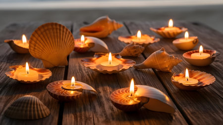 A collection of various seashells are arranged on a rustic wooden surface, each holding a small, lit candle. The warm glow of the flames illuminates the shells and casts a soft light on the weathered wood. The scene evokes a peaceful, coastal atmosphere, perfect for a romantic or tranquil setting.の素材