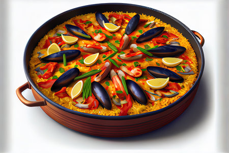Seafood. paella with rice, langoustine, mussels, squid, shrimp. Ai generativeの素材