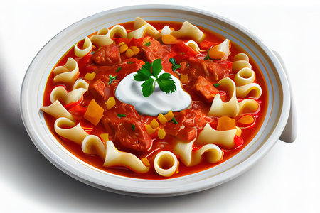 close view delicious meat sauce with greens and sliced potatoes on dark surface sauce soup meal food dinner dish Ai generativeの素材
