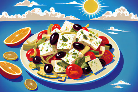 Greek salad with feta cheese and sun Ai generated imageの素材
