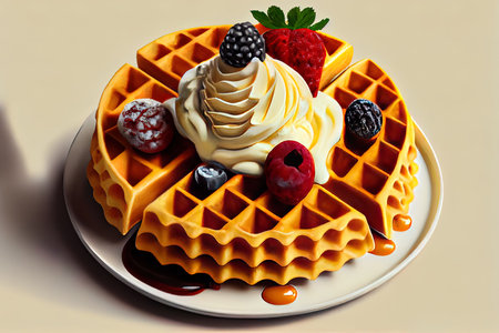 Stack of belgian waffles with honey mint and fresh raspberries on turqouise plate Ai generativeの素材