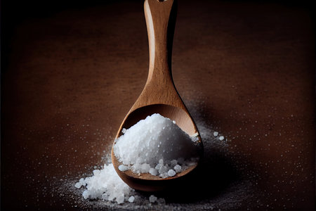 Healthy sea salt on wooden spoon Ai generativeの素材