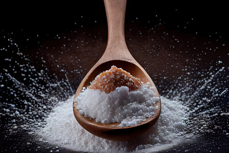 fresh sea salt on wooden spoon Ai generativeの素材
