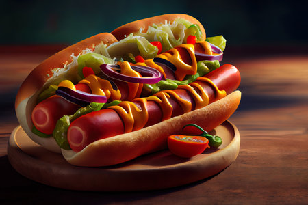 Hot dog - sandwich with pickles, paprika and lettuce on wooden background Ai generativeの素材