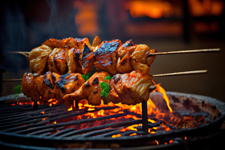 Grilling Chicken meat shashlik on metal skewers. Ai generated imageの素材