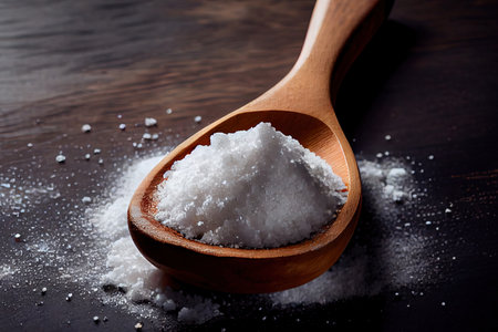 Healthy sea salt on wooden spoon. Ai generativeの素材