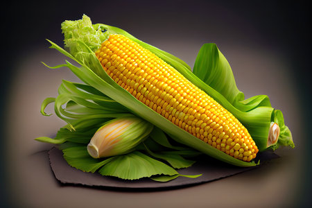 Fresh corn on a black background. vegetables. top view. free copy space. Ai generativeの素材