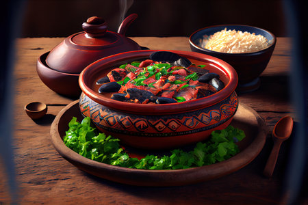 Detail of feijoada with black beans with pepperoni bacon and jerky. Traditional Brazilian food. Ai generativeの素材