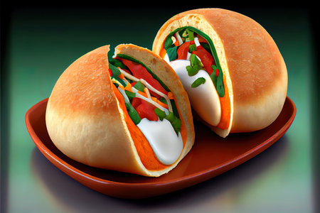 Confit pork sandwich called Torta de carnitas on white background. Mexican food Ai generativeの素材