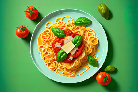 Spaghetti with tomato and basil on green Ai generativeの素材