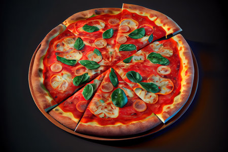 Front view delicious cheese pizza consists of olives pepper and tomatoes on dark surface Ai generativeの素材