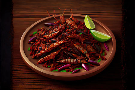 tacos de chapulines or grasshopper taco traditional in mexican food with homemade guacamole sauce in Oaxaca Mexico Ai generativeの素材