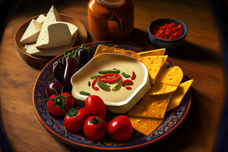 Mexican quesadillas with chorizo on wooden background Ai generativeの素材