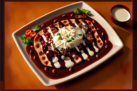 Enchiladas - mexican food, tortilla with chicken, cheese and tomatoes. Ai generativeの素材