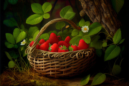Tasty Strawberry in a wattled basket on the Wood glade Ai generated imageの素材