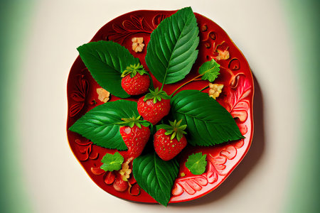 Strawberry with leaves Ai generated imageの素材