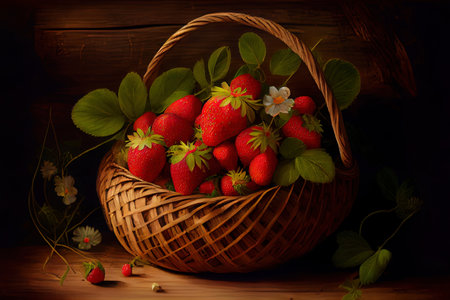 Tasty Strawberry in a wattled basket on the Wood glade Ai generated imageの素材