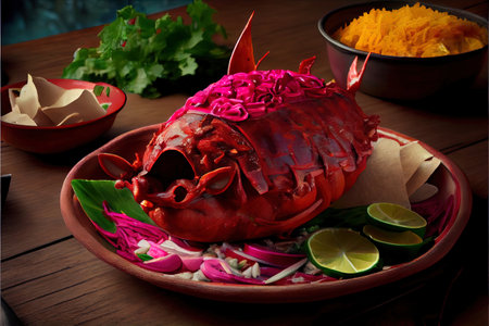 Traditional Mexican foods include pig carnitas, cochinita pibil, onion, and habanero chile in this flat lay composition of tacos Ai generativeの素材