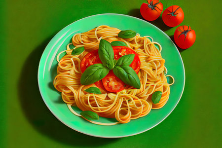 Special Spaghetti with tomato and basil on green Ai generativeの素材
