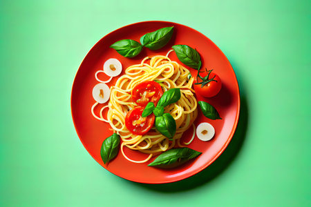Spaghetti with tomato and basil on green Ai generativeの素材