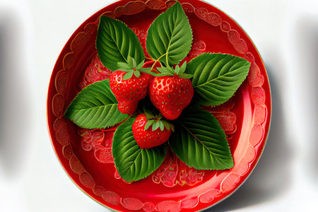 Strawberry with leaves Ai generated imageの素材