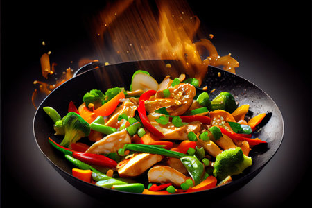 Hot and tasty Wok stir fry vegetables with chicken fillet Ai generativeの素材